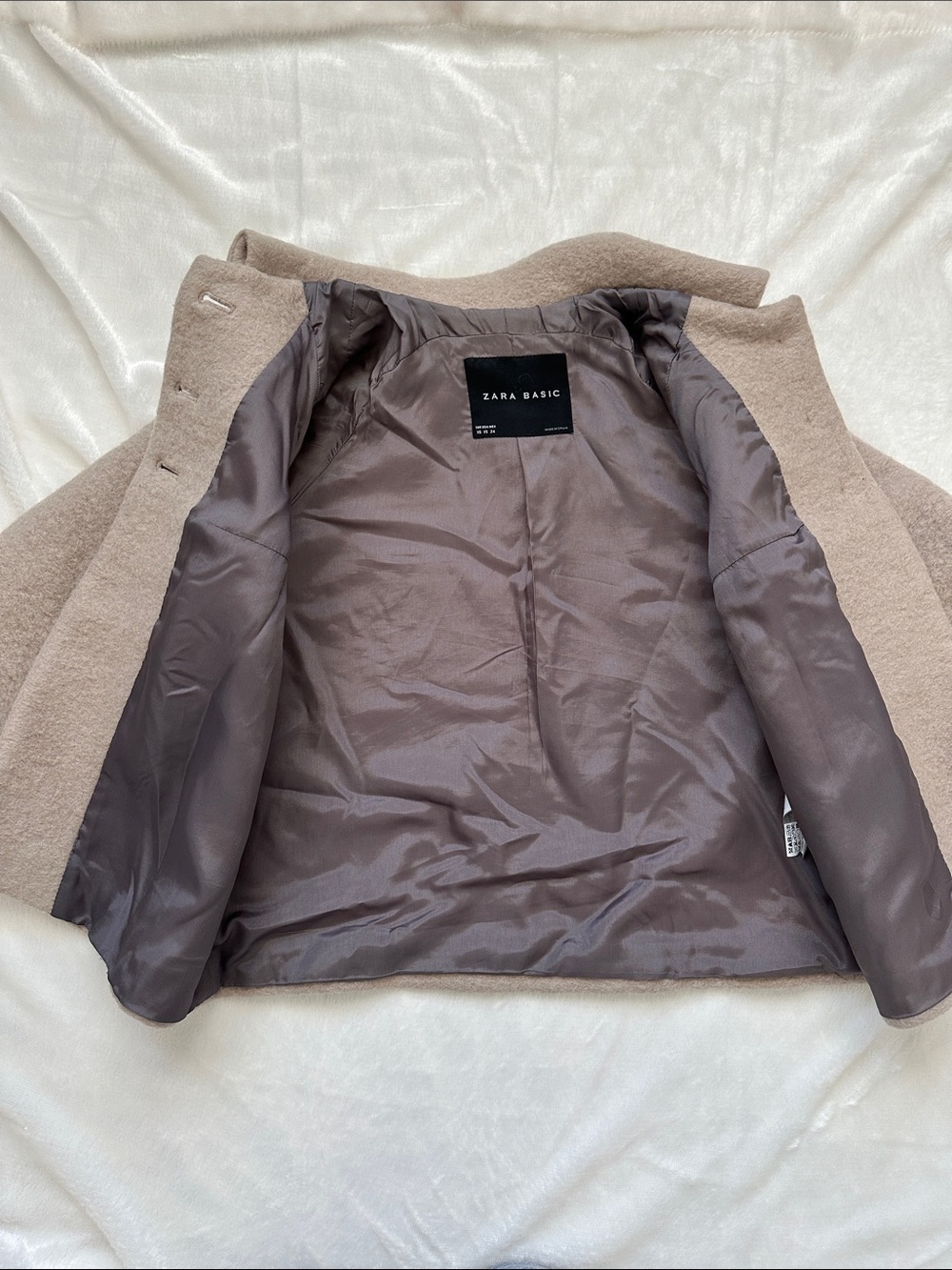 Zara Basic Wool Blend Taupe Beige 3/4 Sleeve Peter Pan Collar Swing Coat XS - Picture 7 of 11